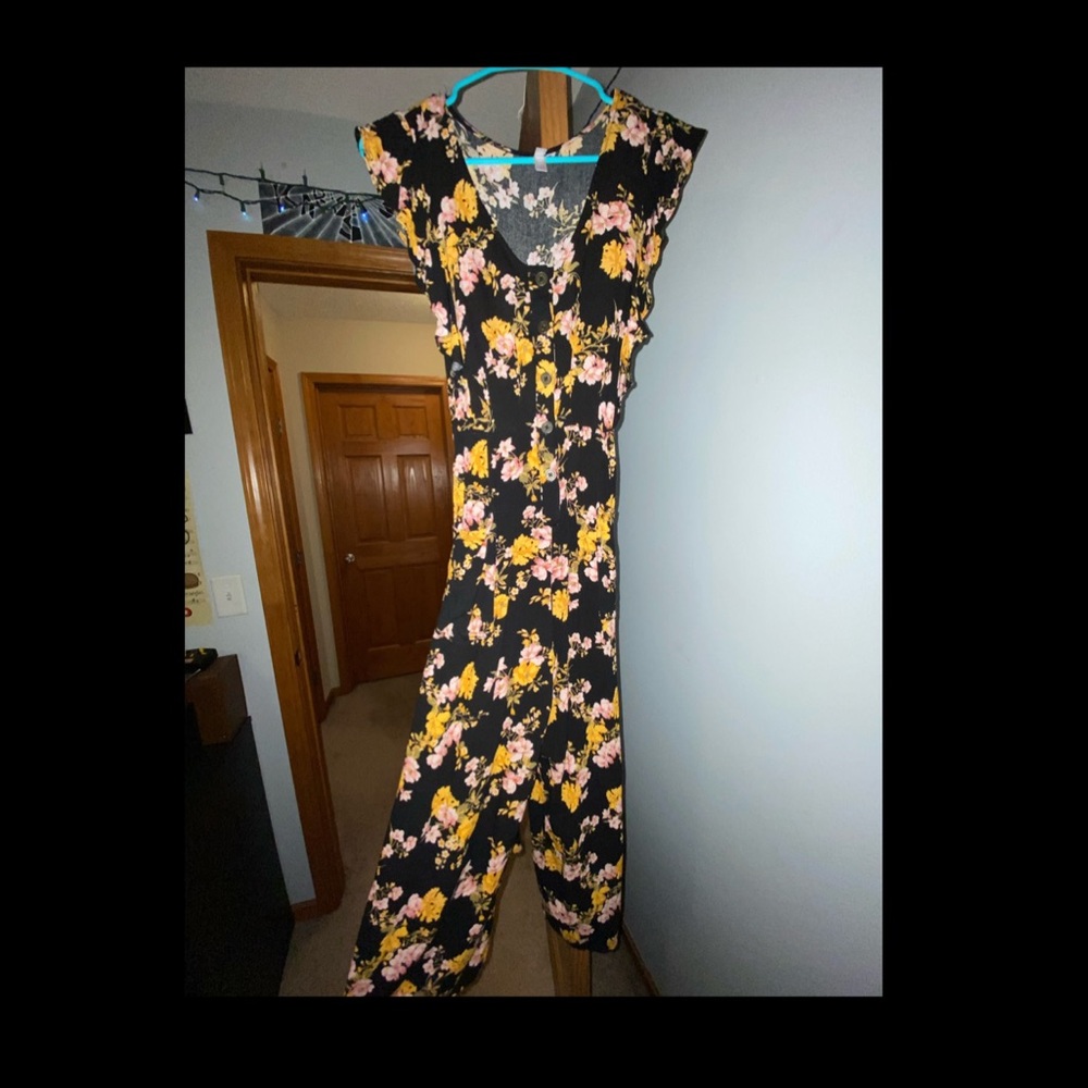 Black pants suit with pink and yellow flowers